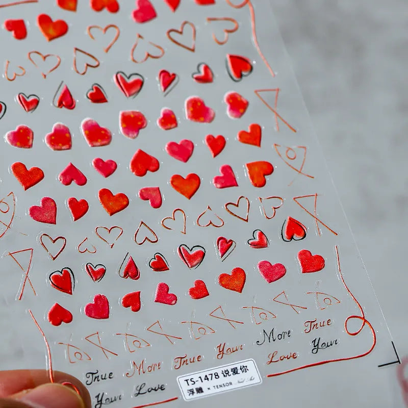 5D Red Hearts Nail Art Stickers Adhesive Love Heart Sticker Decals For Valentine's Day TS1478 embossed
