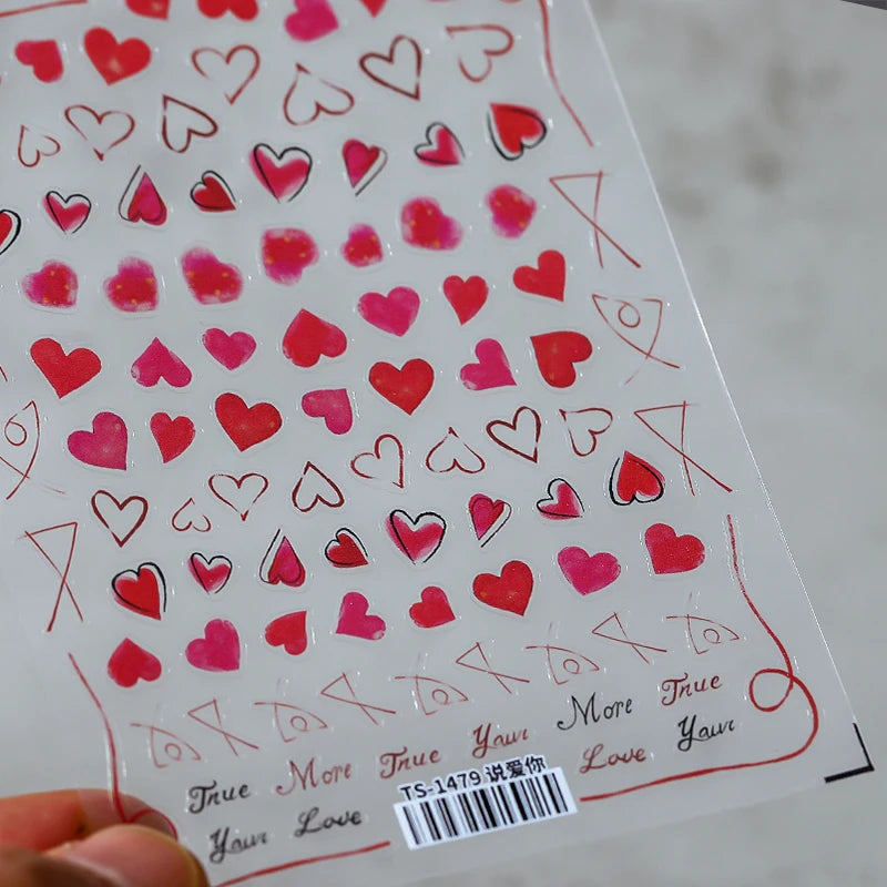 5D Red Hearts Nail Art Stickers Adhesive Love Heart Sticker Decals For Valentine's Day TS1479