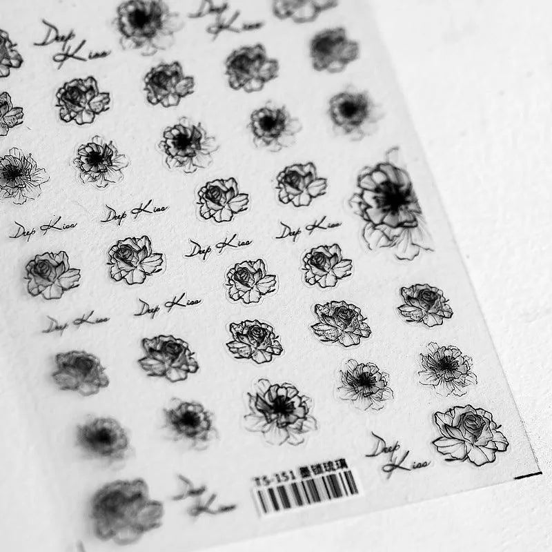 Black White Flower Nail Art Stickers Adhesive Lace Floral 3D Adhesive Decals TS151