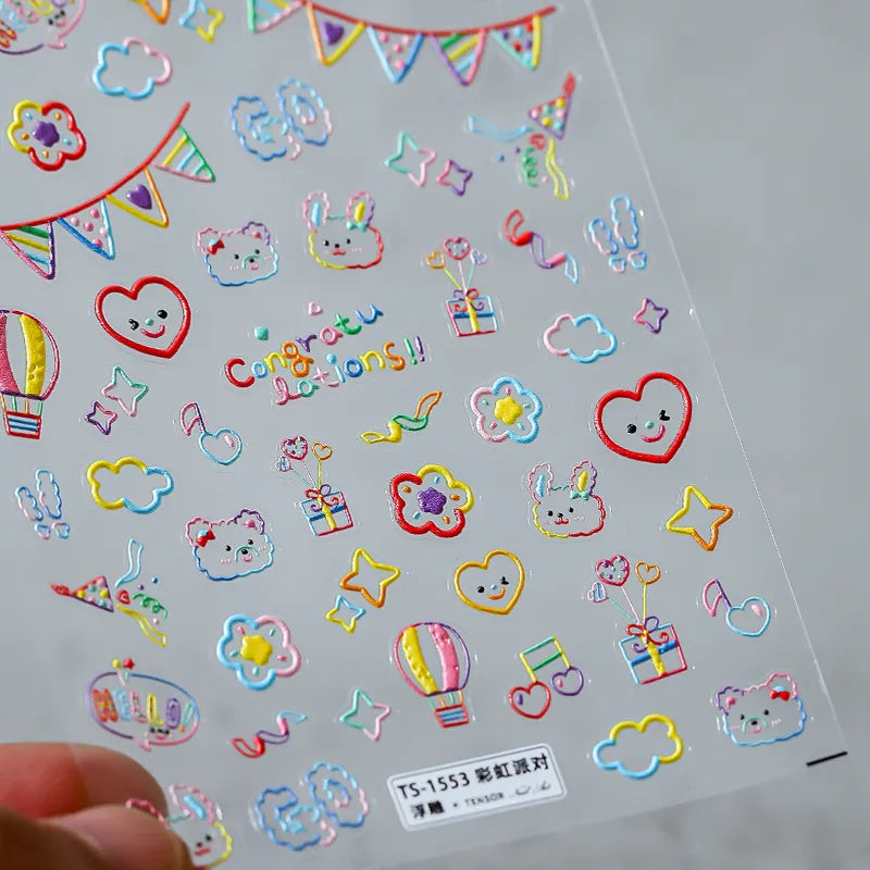 Nail Art Stickers Adhesive Slider Colorful Line Graffiti Embossed Sticker Decals TS1553