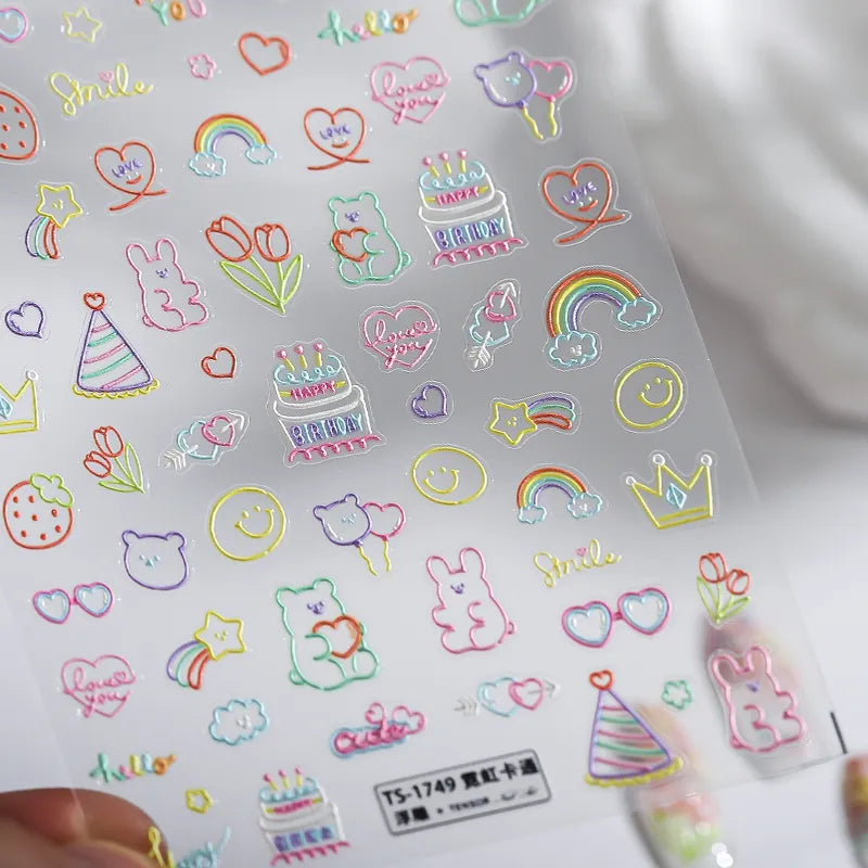 Neon Colors Cartoon Nail Art Stickers Colorful Flower Star Heart Adhesive Slider Sticker Decals TS1749 embossed