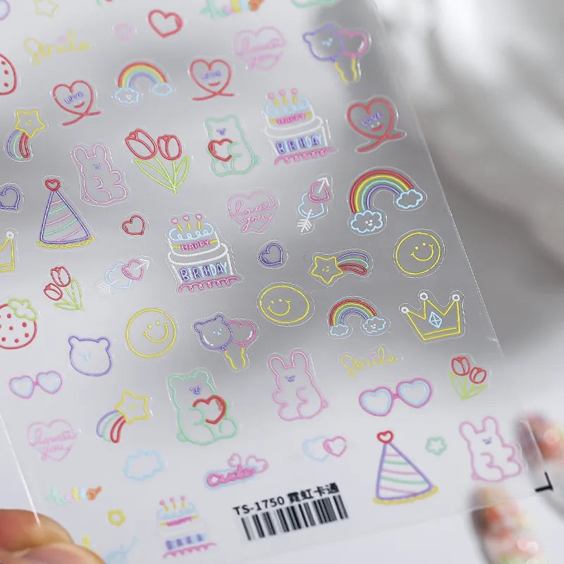 Neon Colors Cartoon Nail Art Stickers Colorful Flower Star Heart Adhesive Slider Sticker Decals TS1750