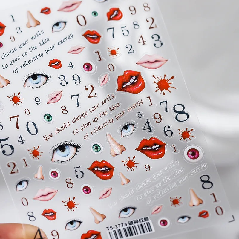 Red Lips Nail Art Stickers Adhesive Slider Eyes Numbers Sticker Decals TS1773