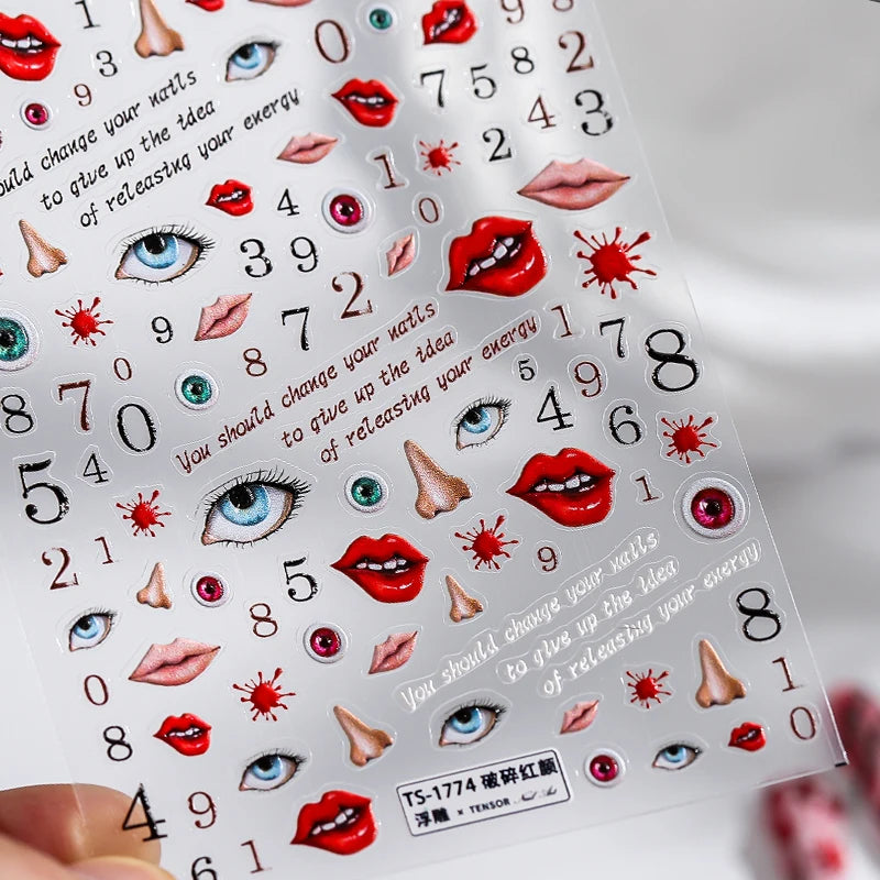 Red Lips Nail Art Stickers Adhesive Slider Eyes Numbers Sticker Decals TS1774 embossed