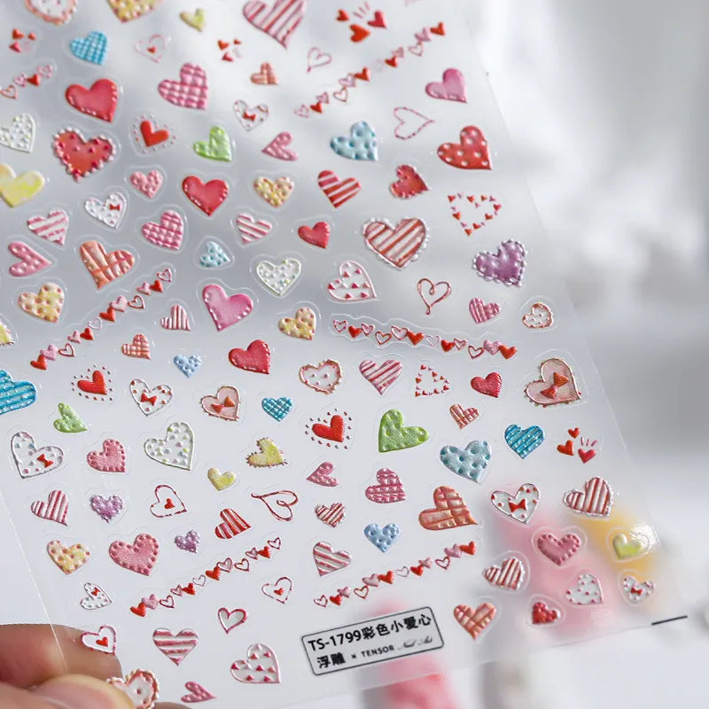 Pink Heart Nail Art Stickers Colorful Love Heart Shape Adhesive Sticker Decals TS1799 embossed
