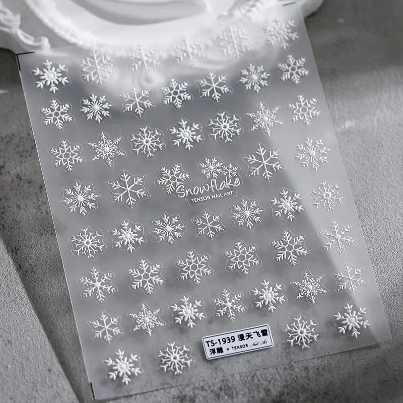 5D Snowflake Nail Stickers White Snowflakes Adhesive Sticker Nail Art Decals TS1939 embossed