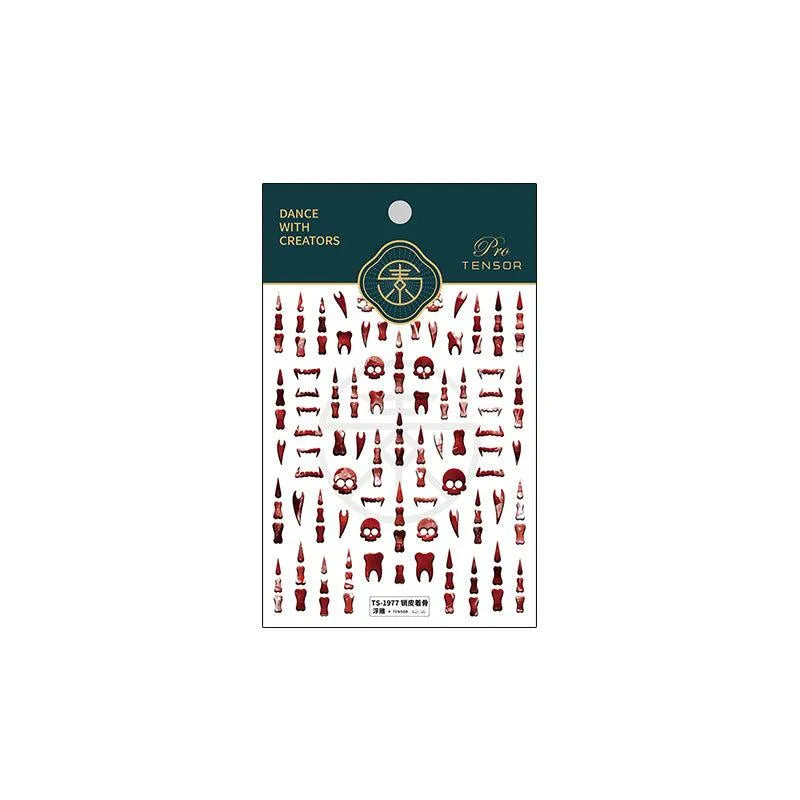 Halloween Nail Art Stickers Skull Teeth Design Adhesive Slider Sticker Decals TS1977 embossed