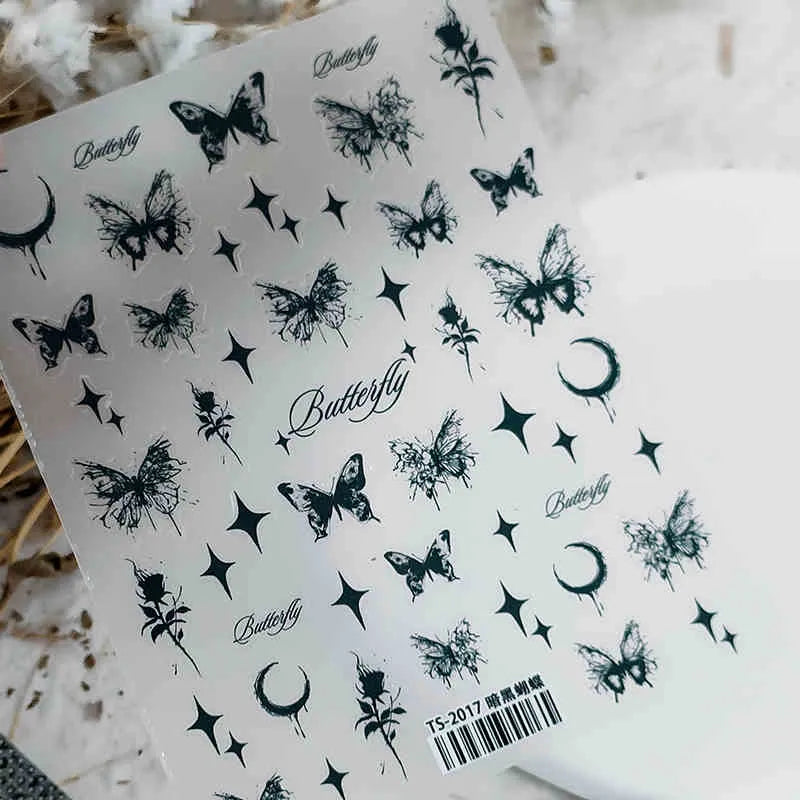 Nail Art Stickers Adhesive Slider Black Butterfly Rose Sticker Decals TS2017