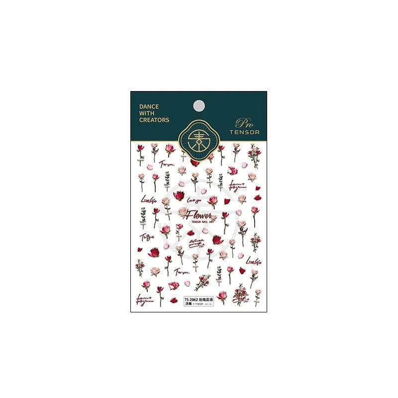 5D Valentine's Day Rose Nail Stickers | Romantic Red & Pink Floral Nail Art Decals TS2062 embossed