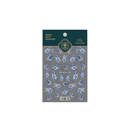 Nail Art Stickers Adhesive Slider Blue Flower Leaf Sticker Decals TS2109