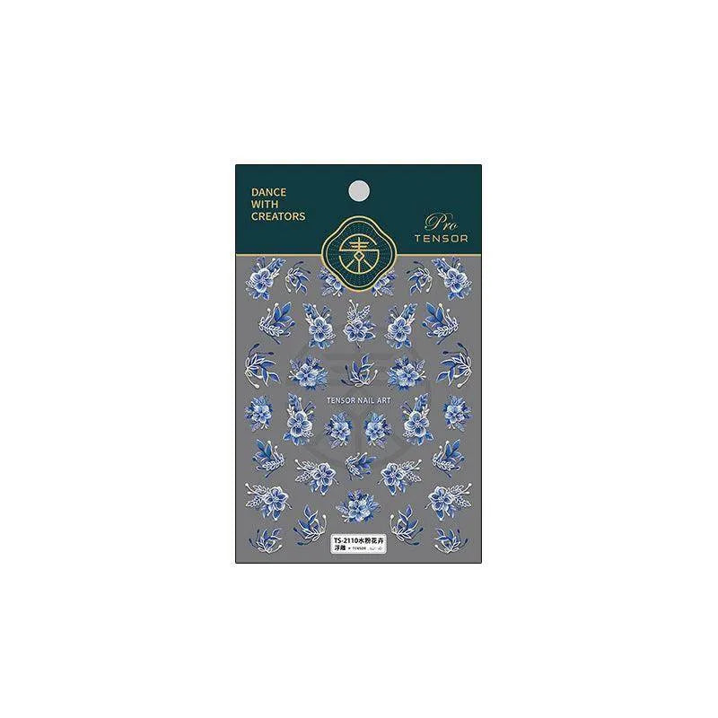 Nail Art Stickers Adhesive Slider Blue Flower Leaf Sticker Decals TS2110 embossed