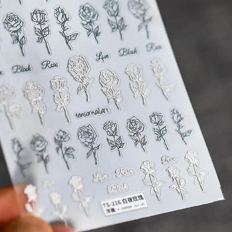 Retro Rose Nail Art Stickers Black White Rose Flower Adhesive Sticker Decals TS216 embossed