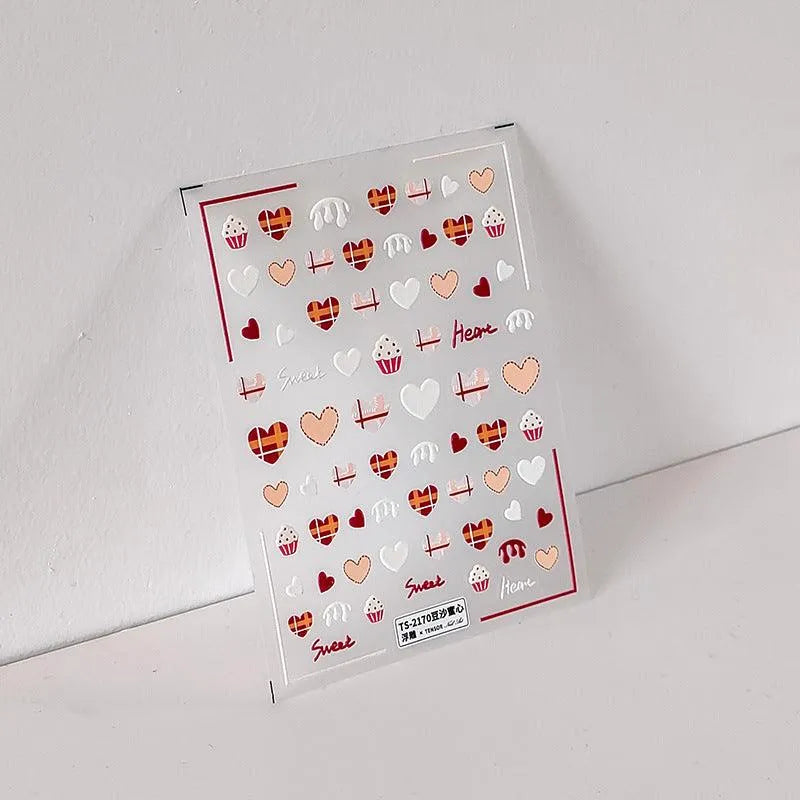 Heart Nail Art Stickers Adhesive Slider Sweet Cake Heart Sticker Decals TS2170 embossed
