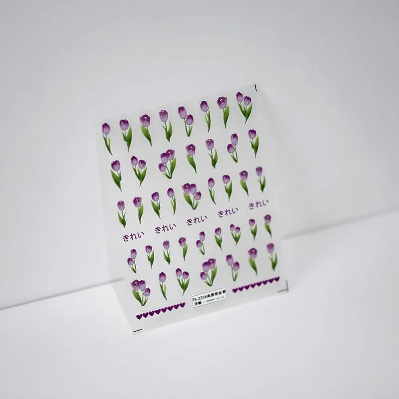 Tulip Nail Art Stickers Adhesive Slider Purple Tulips Flower Sticker Decals TS2256 embossed