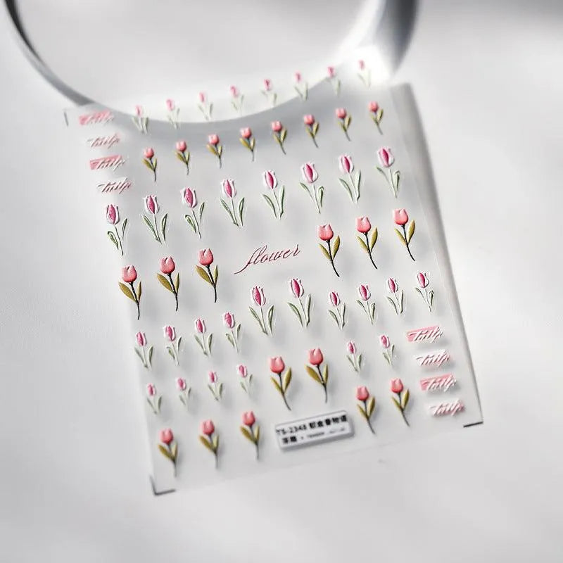 Pink Flower Nail Art Stickers Adhesive Slider Tulips Sticker Decals TS2348 embossed