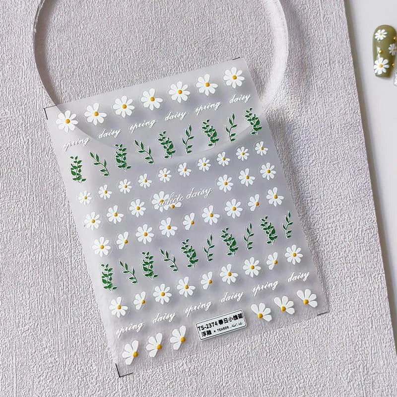 Flower Leaf Nail Art Stickers Adhesive Slider Daisy Flowers Sticker Decals TS2374 embossed