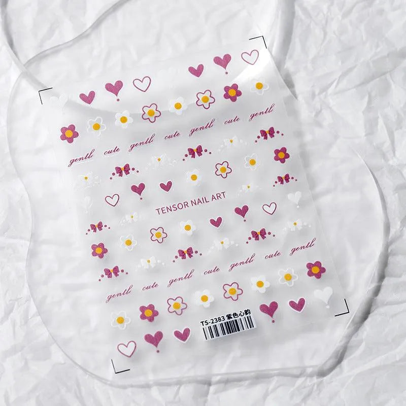 Purple Hearts Nail Art Stickers Adhesive Slider Flower Bow Sticker Decals TS2383