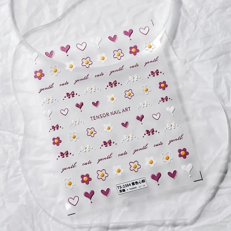 Purple Hearts Nail Art Stickers Adhesive Slider Flower Bow Sticker Decals TS2384 embossed
