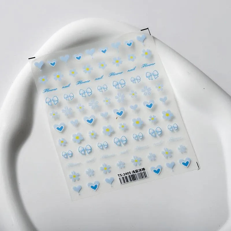 Blue Heart Bow Nail Art Stickers Adhesive Slider Flowers Sticker Decals TS2405
