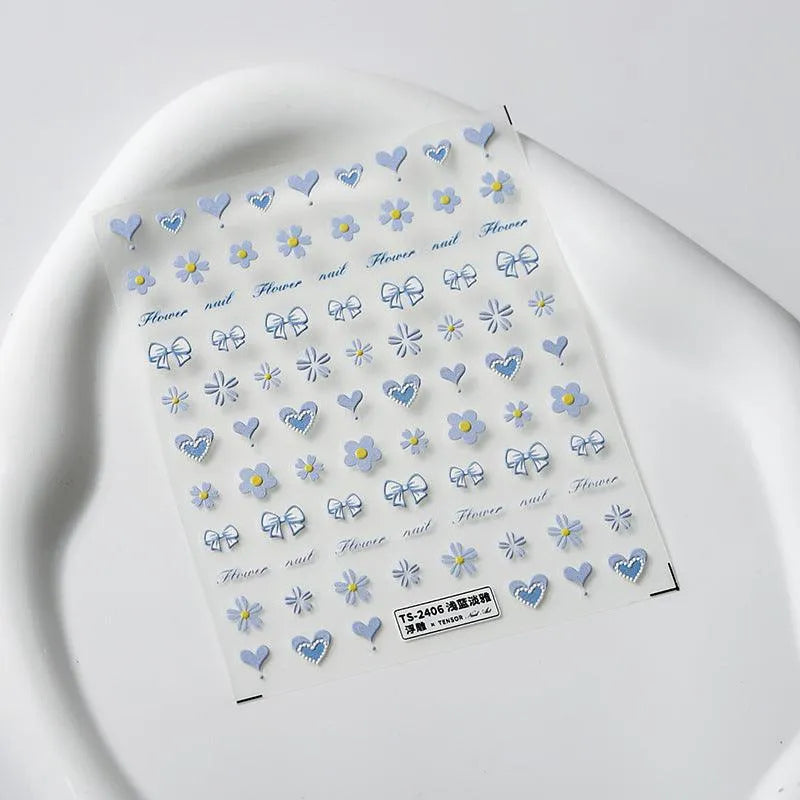 Blue Heart Bow Nail Art Stickers Adhesive Slider Flowers Sticker Decals TS2406 embossed