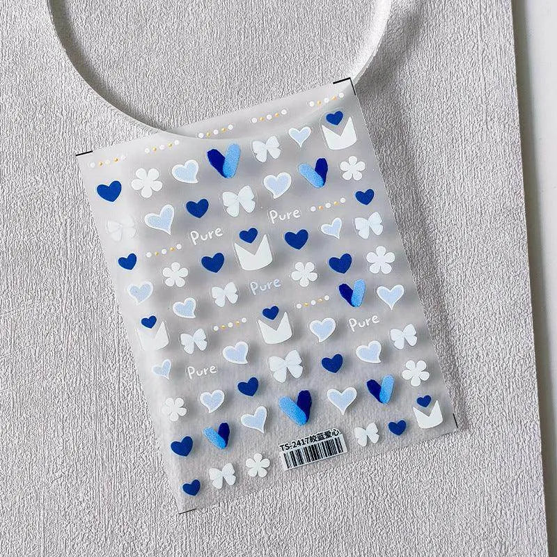 Blue Heart Nail Art Stickers Adhesive Slider Bow Love Hearts Sticker Decals TS2417