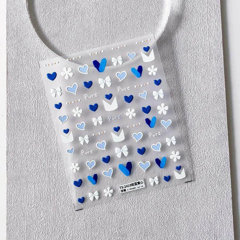 Blue Heart Nail Art Stickers Adhesive Slider Bow Love Hearts Sticker Decals TS2418 embossed