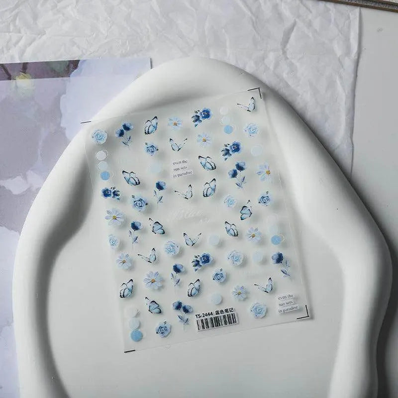 Blue Flower Butterfly Nail Art Stickers Adhesive Slider Sticker Decals TS2444