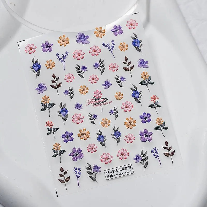 Lavender Nail Art Stickers 3D Adhesive Slider Flower Leaf Sticker Decals TS2513 embossed