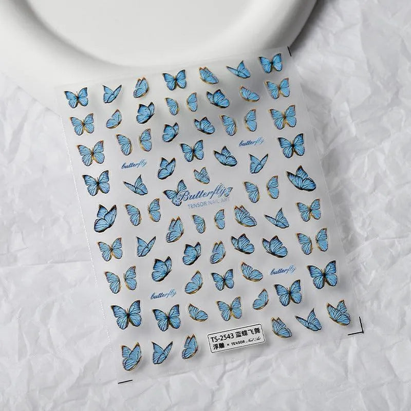 5D Embossed Blue Butterfly Nail Art Stickers Adhesive Sliders Sticker Realistic Fairy Nail Decals TS2543 embossed
