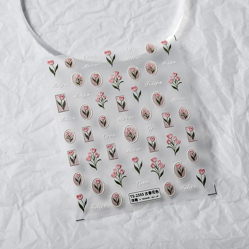 Pink Tulips Nail Art Stickers Flowers Adhesive Sticker Decals TS2566 embossed