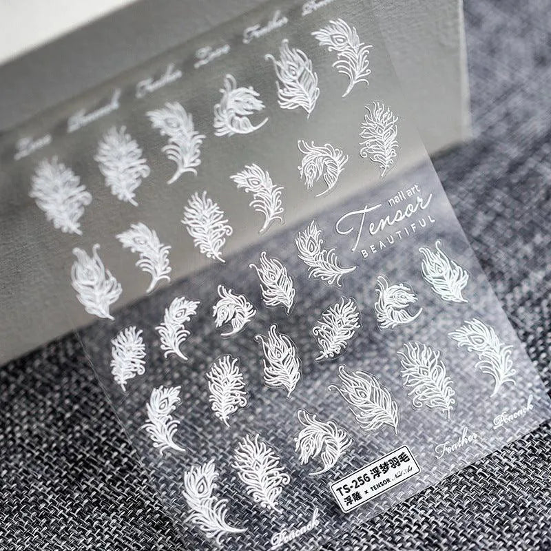 White Feather Nail Art Stickers 3D Feather Adhesive Sticker Decals TS256 embossed