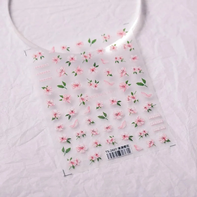 5D Cherry Blossom Nail Art Stickers Pink Floral Spring Adhesive Sticker Decals TS2607