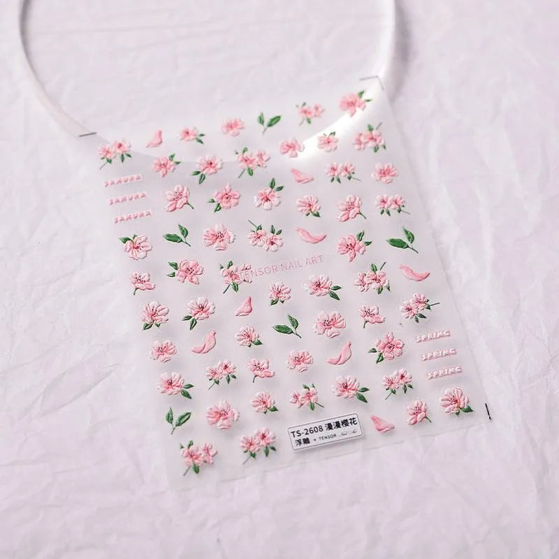 5D Cherry Blossom Nail Art Stickers Pink Floral Spring Adhesive Sticker Decals TS2608 embossed