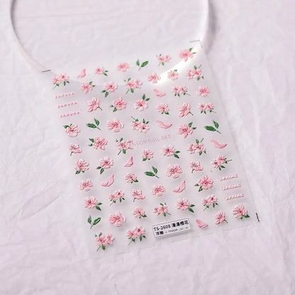5D Cherry Blossom Nail Art Stickers Pink Floral Spring Adhesive Sticker Decals TS2608 embossed