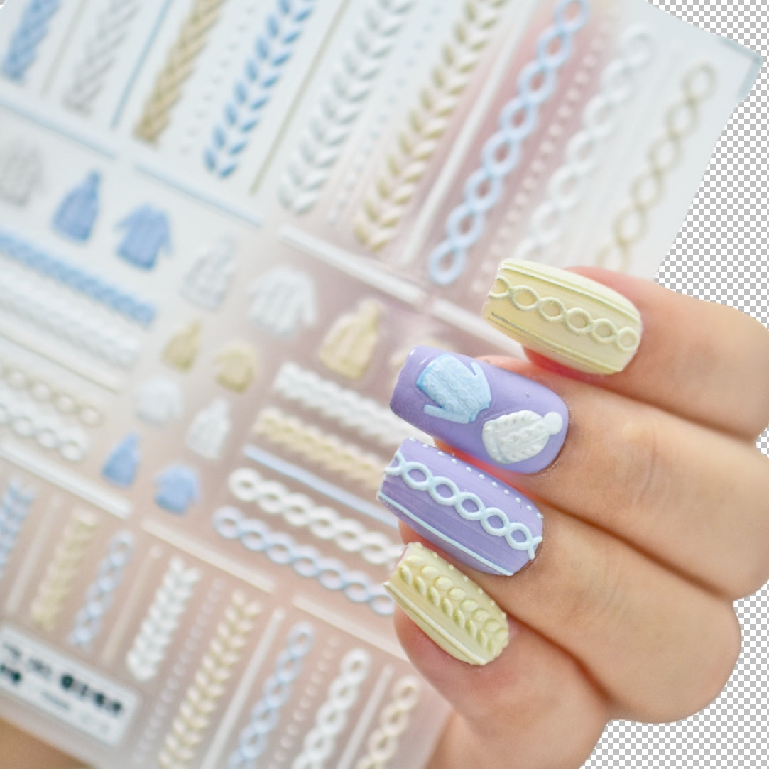 3D Knit Sweater Nail Art Stickers Winter Knitted Texture Embossed Decals TS250