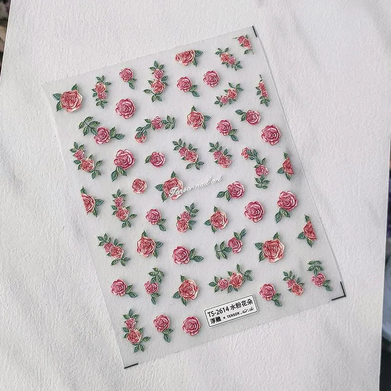 5D Embossed Rose Nail Art Stickers for Elegant Wedding & Romantic Manicures Vintage Floral Sticker Decals TS2614