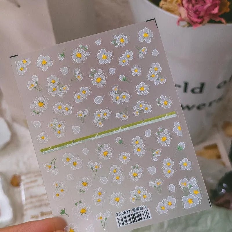 5D White Cherry Blossom Nail Stickers Sakura Spring Floral Nail Art Sticker Decals TS2623