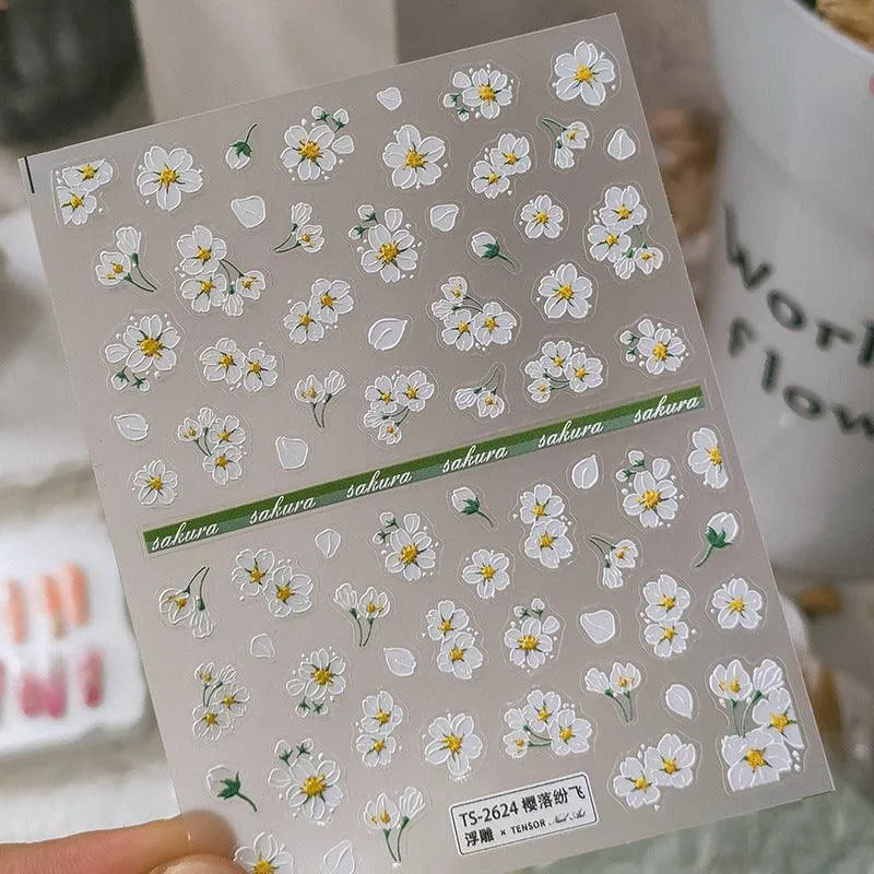 5D White Cherry Blossom Nail Stickers Sakura Spring Floral Nail Art Sticker Decals TS2624