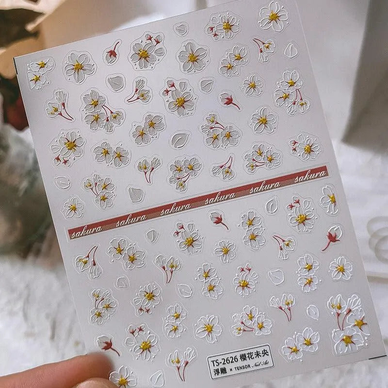 5D White Cherry Blossom Nail Stickers Sakura Spring Floral Nail Art Sticker Decals TS2626 embossed