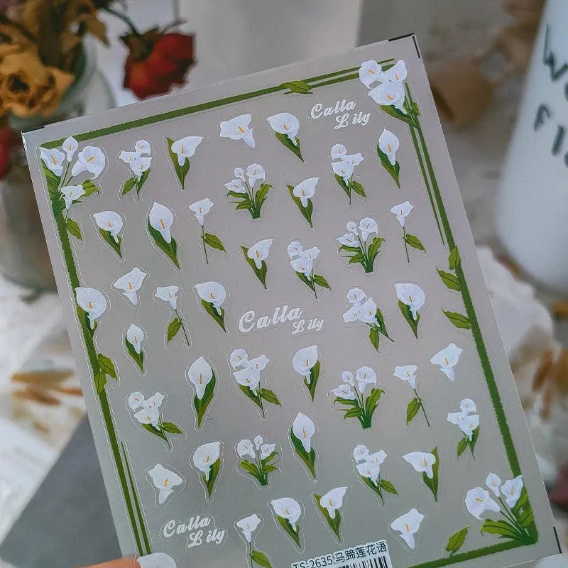 Elegant 5D Calla Lily Nail Stickers | White Flower Decals for Bridal & Wedding TS2635
