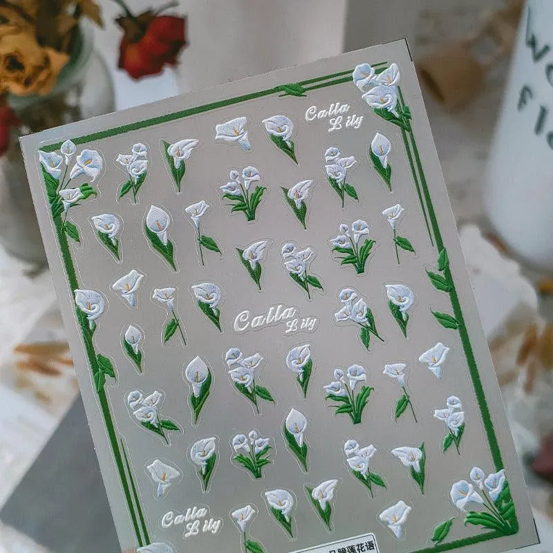 Elegant 5D Calla Lily Nail Stickers | White Flower Decals for Bridal & Wedding TS2636 embossed