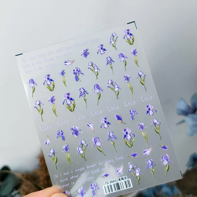 Elegant 5D Iris Flower Nail Stickers Artistic Purple Floral Sticker Decals TS2665