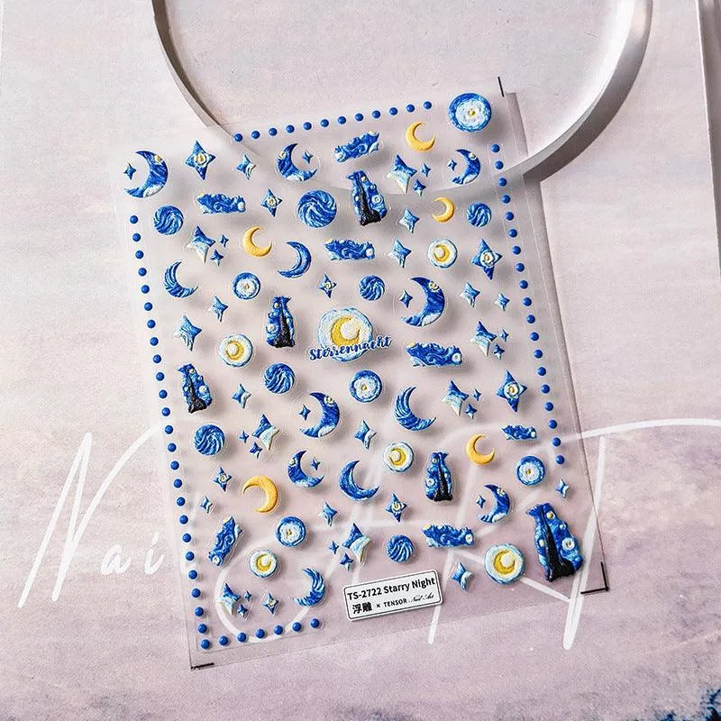 Blue Planet Nail Art Stickers Adhesive Slider Starry Night Sticker Decals TS2722 embossed
