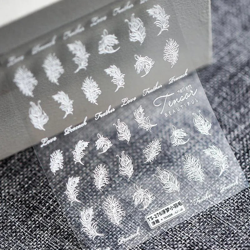 White Feather Nail Art Stickers 3D Feather Adhesive Sticker Decals TS276 embossed