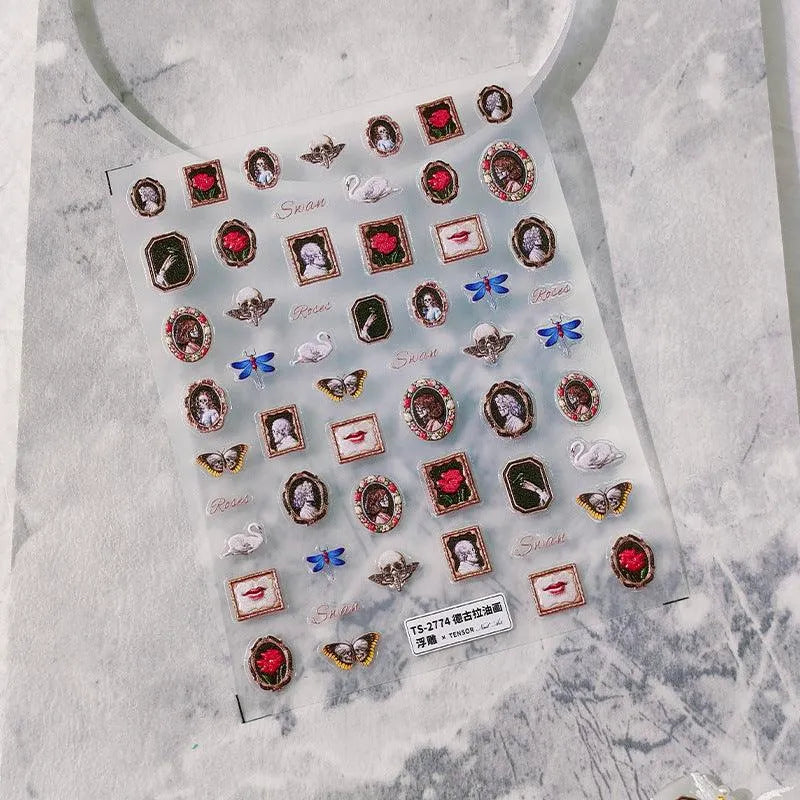 Retro Oil Painting Nail Art Stickers Adhesive Embossed Vintage Portrait Sticker Decals TS2774 embossed