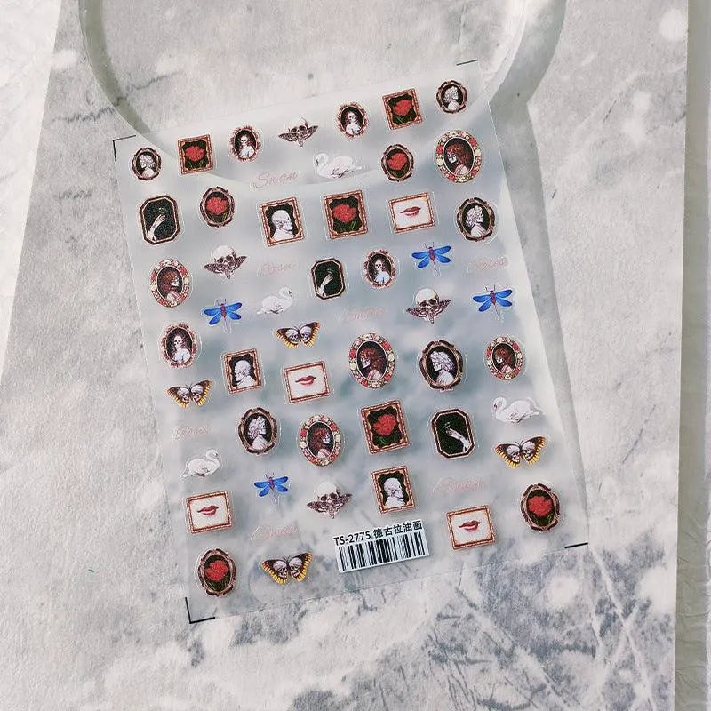 Retro Oil Painting Nail Art Stickers Adhesive Embossed Vintage Portrait Sticker Decals TS2775