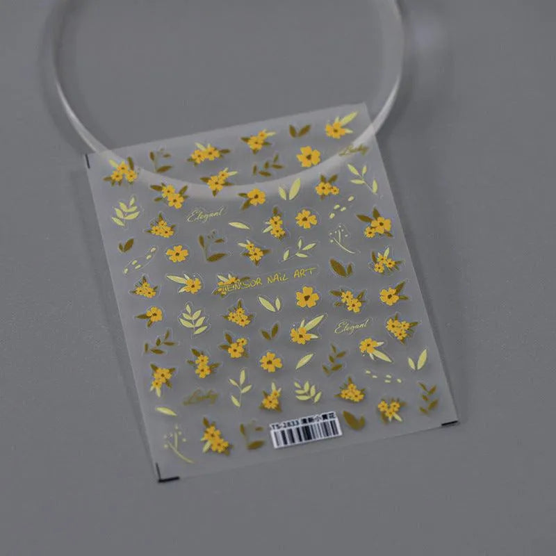 Floral Nail Art Stickers Adhesive Slider Embossed Yellow Flower Sticker Decals TS2833