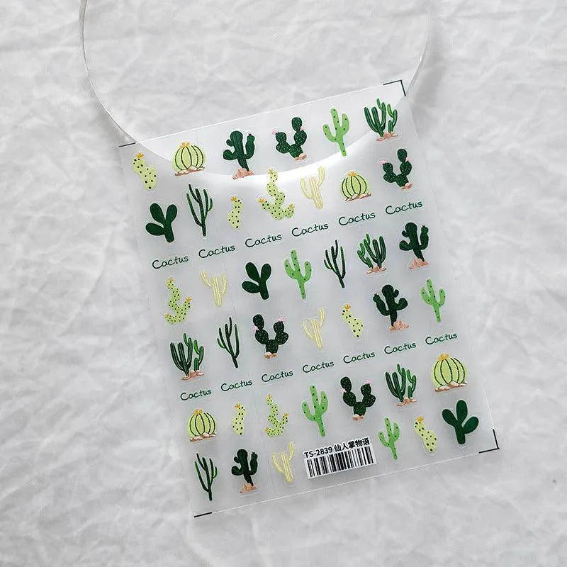Cactus Nail Art Stickers Adhesive Sliders Flower Embossed Sticker Decals TS2839