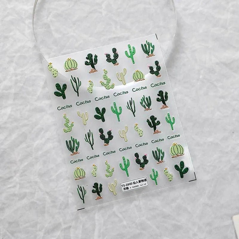 Cactus Nail Art Stickers Adhesive Sliders Flower Embossed Sticker Decals TS2840 embossed
