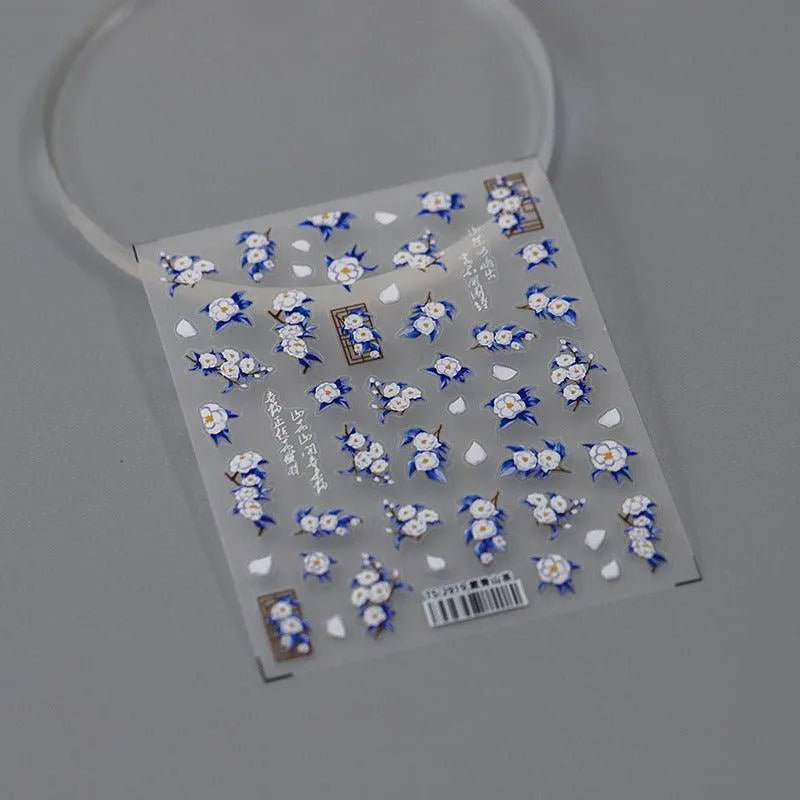 Elegant 5D Chinoiserie Nail Stickers Blue & White Porcelain Floral Nail Art Sticker Decals TS2919